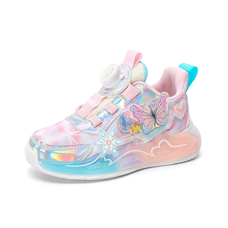 Zapatos deportivos de niñas 2026 primavera nuevo botón respirable de malla zapatos de carrera para niños grandes anti-deslizante con suela suave zapatos de papá