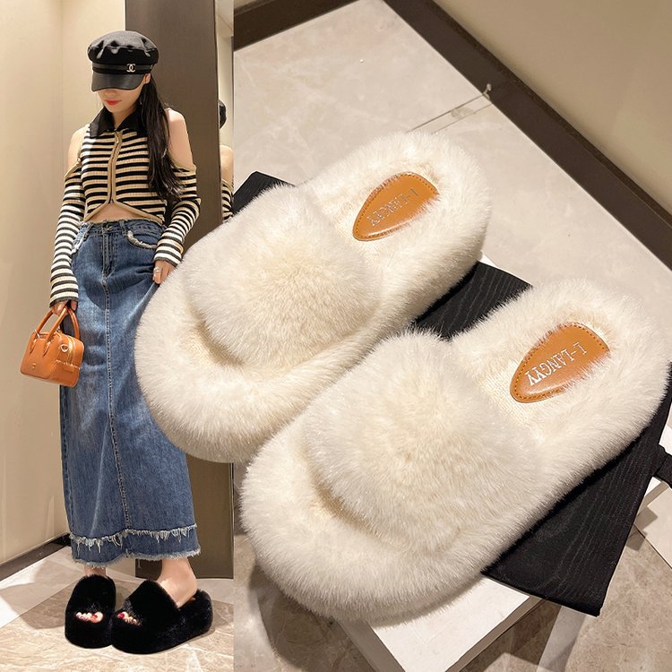 感毛毛拖鞋女外穿2025秋冬新款厚底超火一字拖网红孕妇棉拖鞋