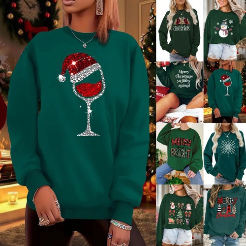 Free shipping European and American cross-border winter new women's letter round neck long-sleeved loose casual Christmas hooded sweater 