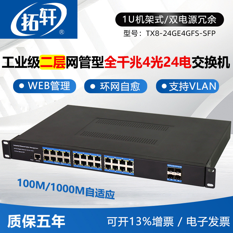 拓轩工业级全千兆4光24电管理型光纤交换机16光8电SFP环网交换机