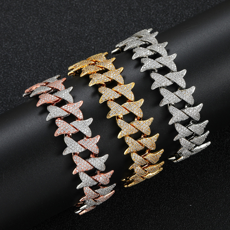 European and American Style 20mm Pink and White Zircon Spiked Thorn Cuban Chain Three-Row Diamond Spring Clasp Hip-Hop Bracelet Wholesale European and American Style 20mm Pink and White Zircon Spiked Thorn Cuban Chain Three-Row Diamond Spring Clasp Hip-Hop Bracelet Wholesale