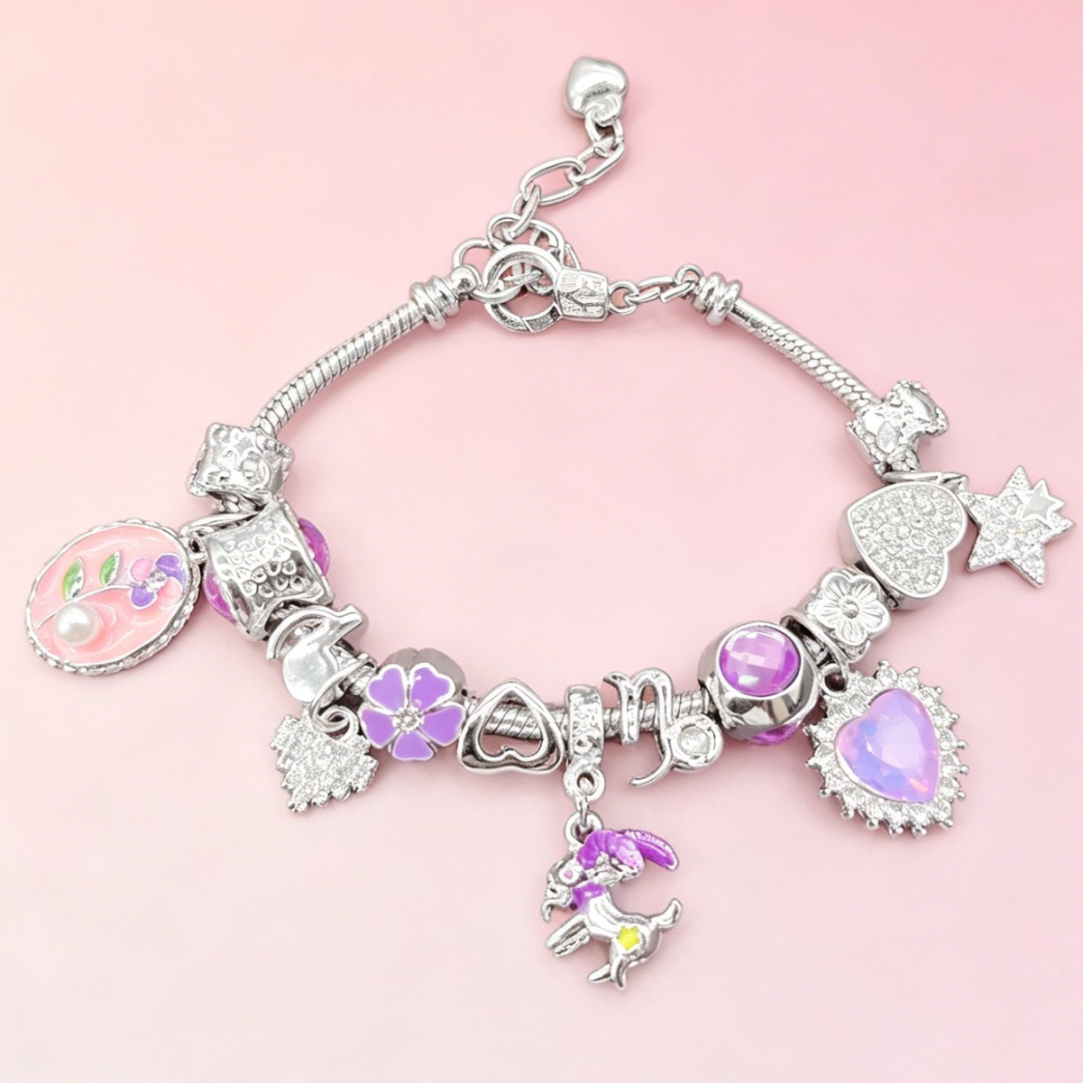 Pan brazalete DIY Capricornio brazalete diamante amor rosa pentagramas notas flores joyas de moda