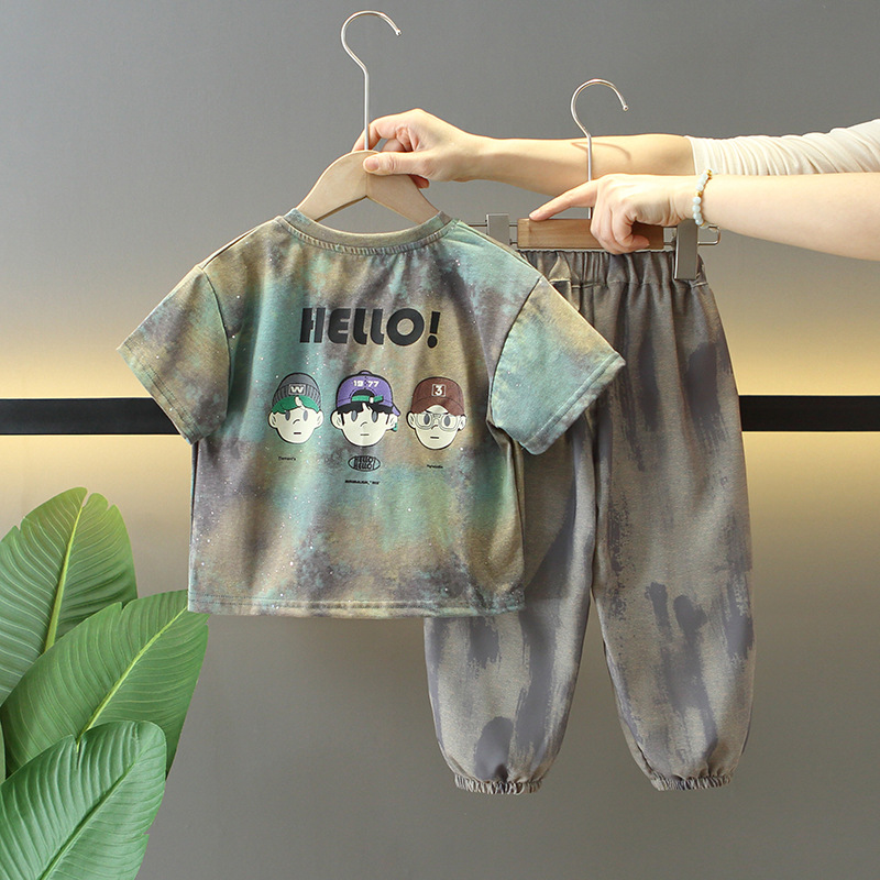 7276 Traje de verano para niños 2025 Nuevo estilo fresco y atractivo Ropa de verano para bebés de dos piezas de manga corta con teñido anudado para niños