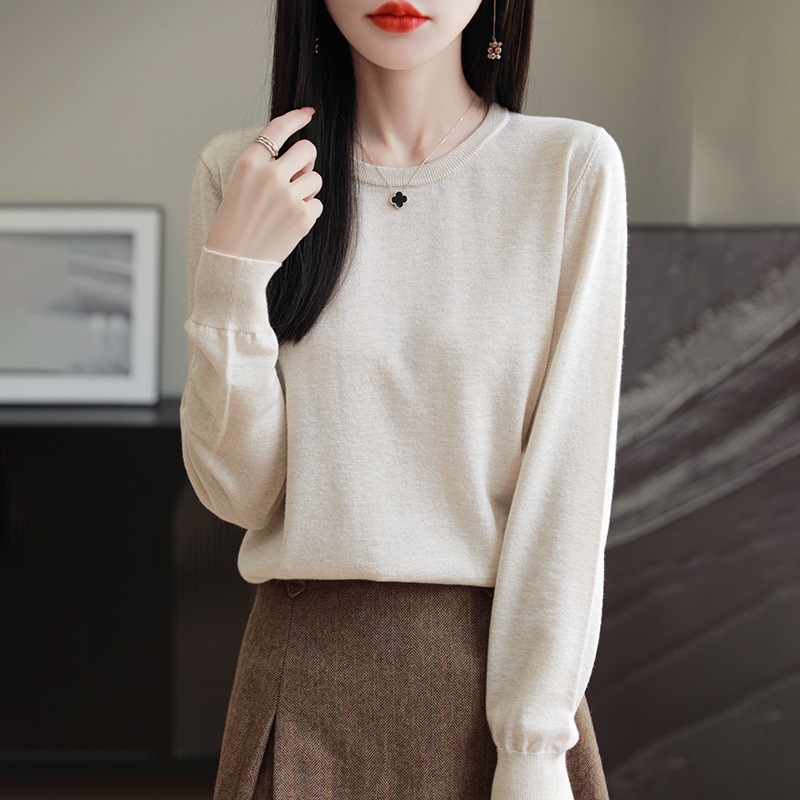 Crewneck Worsted Wool Sweater Women's Pullover Solid Color Loose Elegant Casual Simple Fashion Long Sleeve Base Shirt