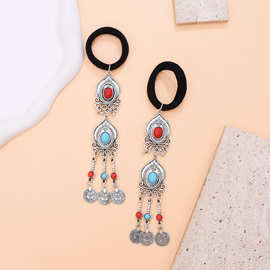 民族风小众哈萨克发饰复古异域风情做旧钱币流苏发圈女仿松石头饰