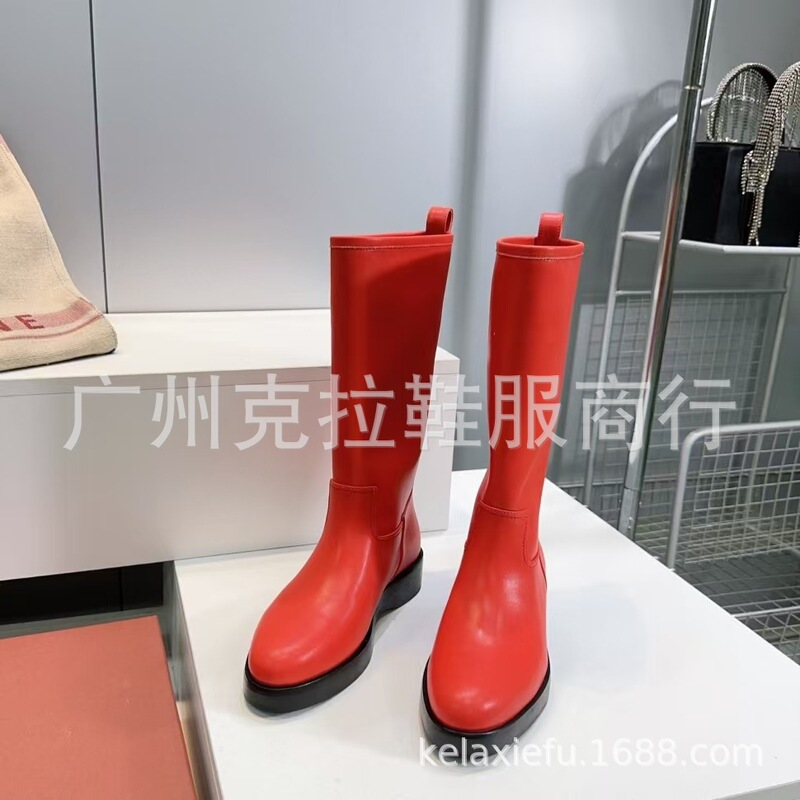 高端2025秋冬真皮圆头英伦复古厚底高筒骑士靴马丁靴不过膝长靴女|undefined