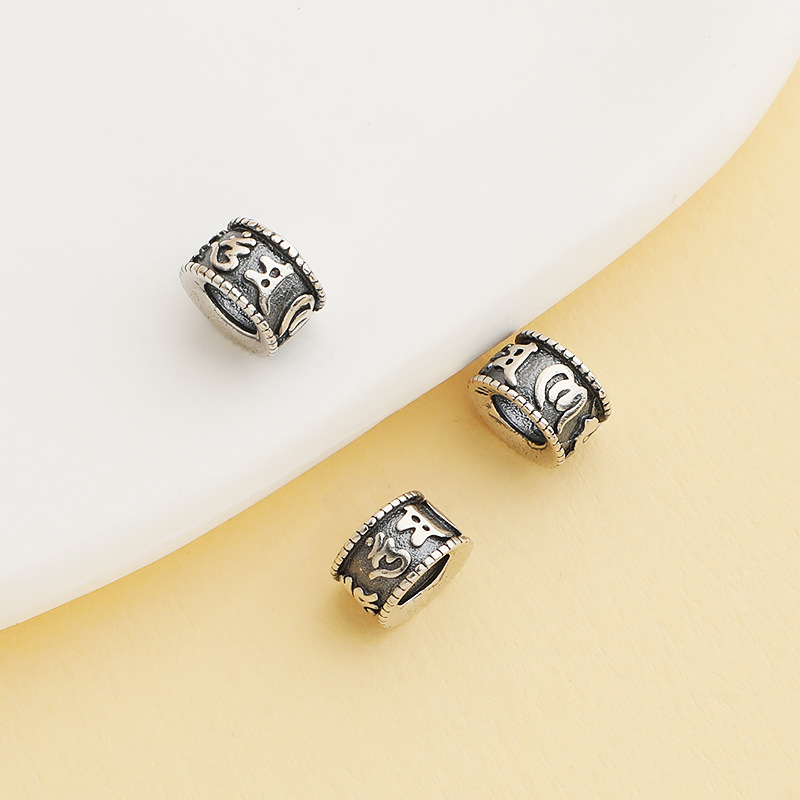 s925纯银复古六字真言泰银隔珠配件手工DIY水晶手链编绳串珠散珠