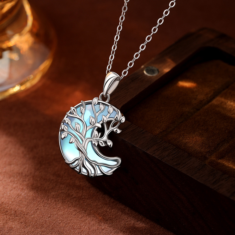 TEMU Cross-border S925 Colgante de luna de piedra lunar de plata esterlina Collar de árbol de vida de alta calidad de lujo ligero europeo y americano Mujer