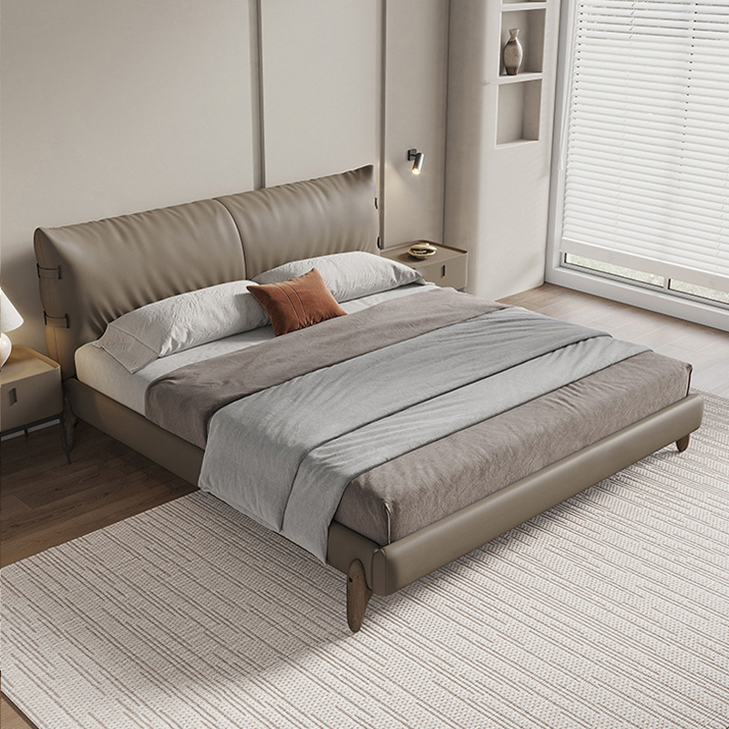 Cama de cuero genuino italiano minimalista 1,8 m dormitorio principal cama diseñador nuevo doble cama suave atmosférica boda cama muebles