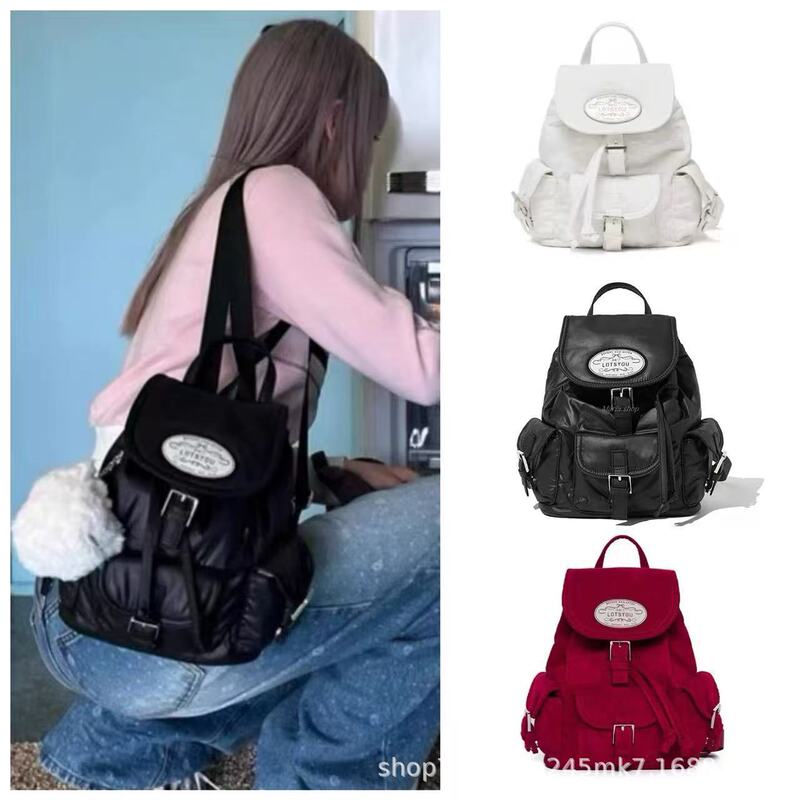 Lotsyou Backpack Jennie Kim Jennie Same Style Korean Embroidered Multi-Pocket Drawstring Casual Student Backpack