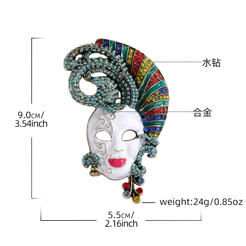 欧美重工夸张设计满钻面具胸针创意人脸复古冬季大衣外套别针胸花|undefined