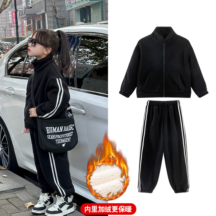 Traje deportivo para niñas más ropa de invierno para niños de terciopelo 2024 nuevo traje de béisbol grueso chaqueta pantalones casual de dos piezas
