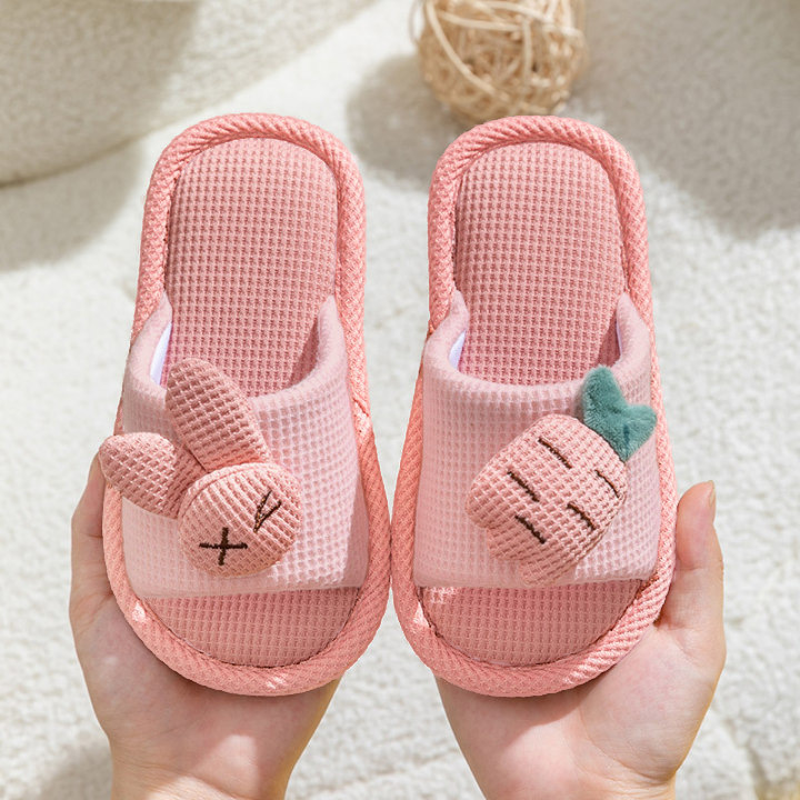 Linen Slippers for Girls All Seasons Indoor Breathable Carrot Rabbit Silent Home Cartoon Baby Non-Slip Slippers for Boys Summer