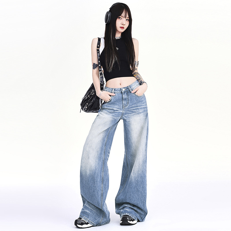 【Jinyin】American Style Spicy Girl Distressed Washed Jeans for Women 2025 Autumn and Winter Floor-Length Slimming Loose Straight-Leg
