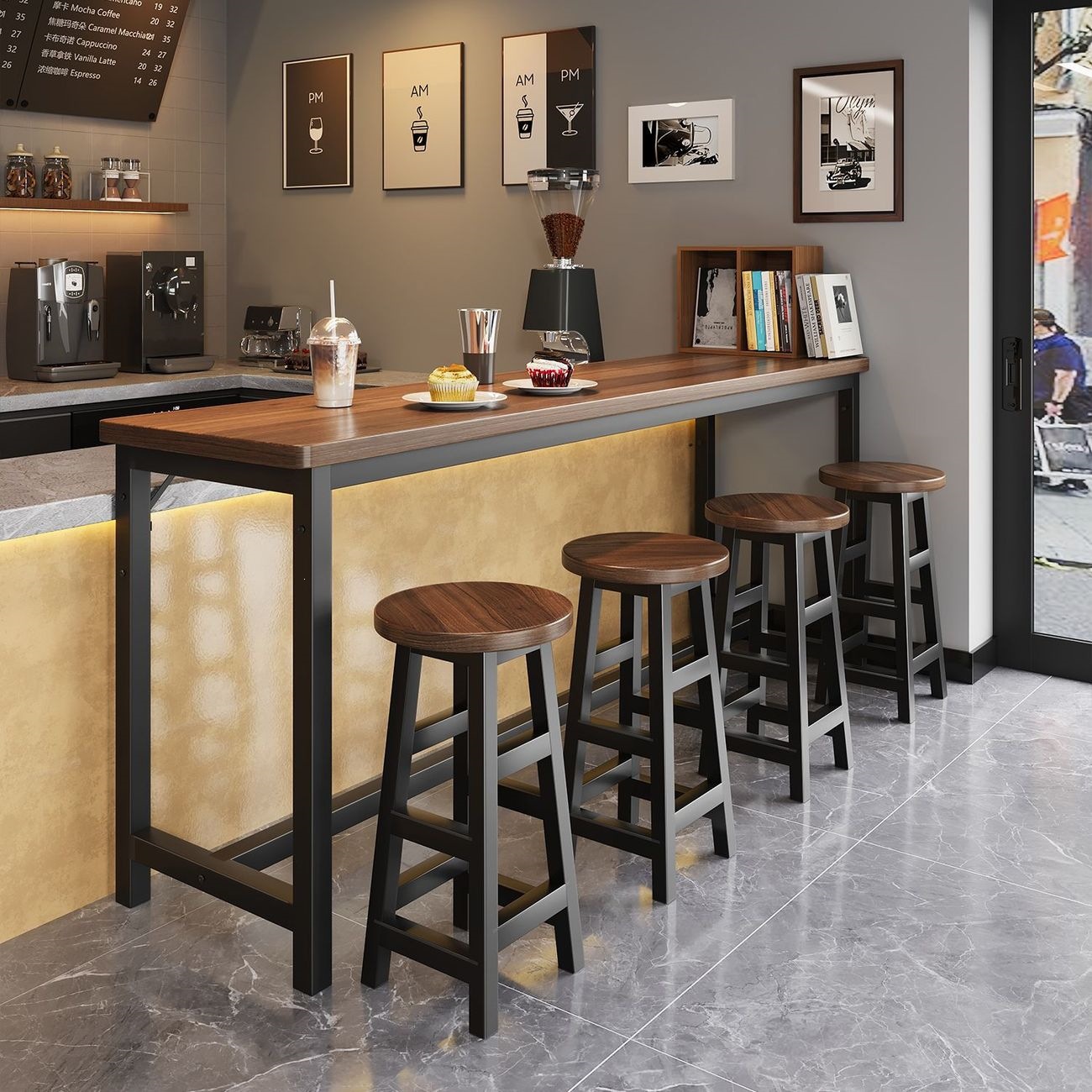 Bar table against the wall, home-use high table, tea shop table and chair set, long narrow coffee table, bar table, long table