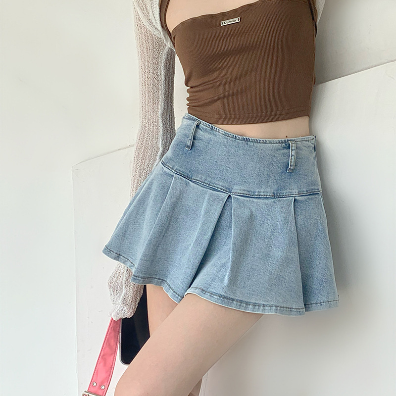 Pale blue spice cowboy short skirt Denim Jeans pleated Mini Skirts for women girls light color pleated bust skirt of high waist