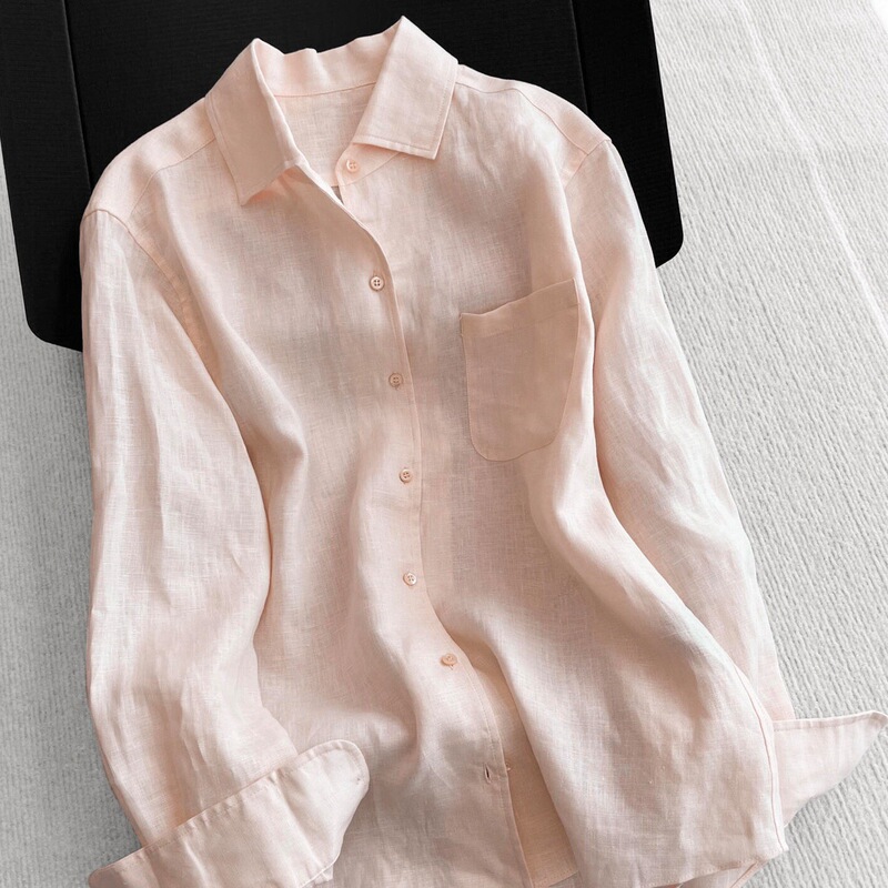 Super Stylish Peach Pink Linen Shirt for Women, Summer Thin Loose Cotton-Linen Shirt, Unique and Beautiful Sun-Protective Top