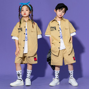 Girls kids hiphop rapper gogo dancers dance outfits for boys Street children boy hip-hop suit khaki suit children short-sleeved girls performance