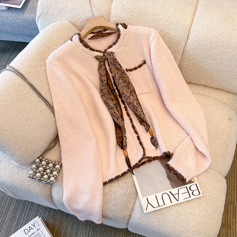 2026 Autumn/Winter New Casual Design Color-Block Pocket Ribbon Cardigan Layered Knit Sweater Coat for Women 2026 Autumn/Winter New Casual Design Color-Block Pocket Ribbon Cardigan Layered Knit Sweater Coat for Women