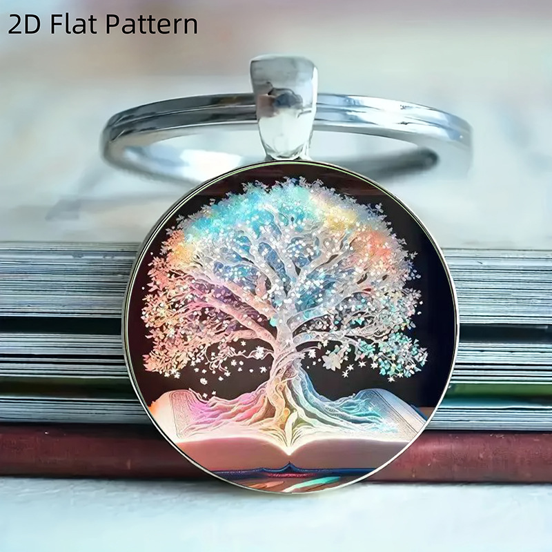 Cross-Border Export Fashion Colorful Tree of Life Pattern Glass Alloy Pendant Keychain Factory Direct Sale