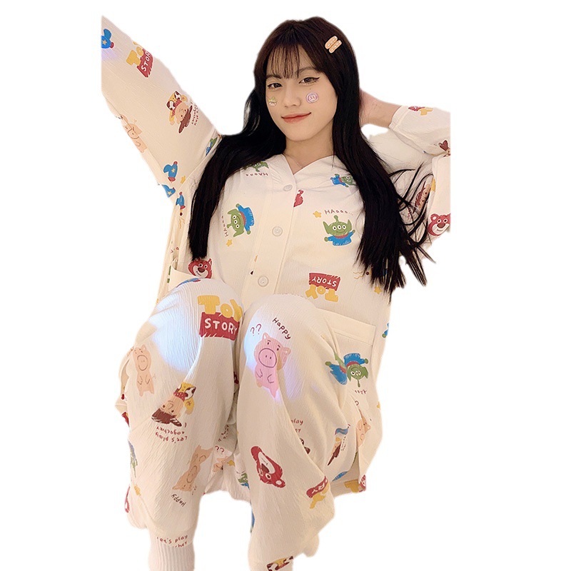 Sweet Girl pijamas mujeres de punto algodón ruffle Otoño Invierno manga larga pantalones y cuello cardigan inicio desgaste traje casual