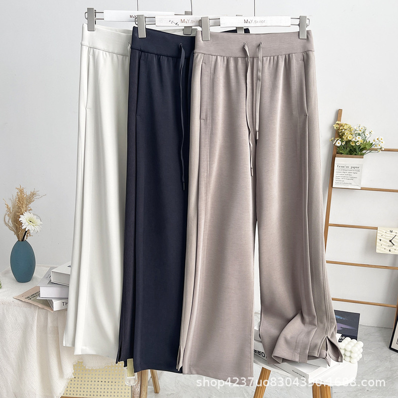 Lulu Bling Exclusive Ribbed Patchwork High-Waisted Slit Straight-Leg Pants Versatile Slimming Sports Wide-Leg Pants for Women Lulu Bling Exclusive Ribbed Patchwork High-Waisted Slit Straight-Leg Pants Versatile Slimming Sports Wide-Leg Pants for Women
