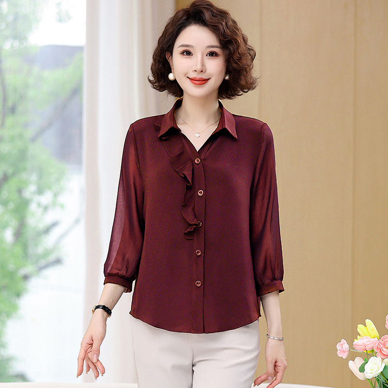 Spring and Summer Satin Comfortable Slimming Mom 2025 Shirt Three-Quarter New Top Middle-Aged and Elderly Outer Wear Chiffon Shirt Spring and Summer Satin Comfortable Slimming Mom 2025 Shirt Three-Quarter New Top Middle-Aged and Elderly Outer Wear Chiffon Shirt