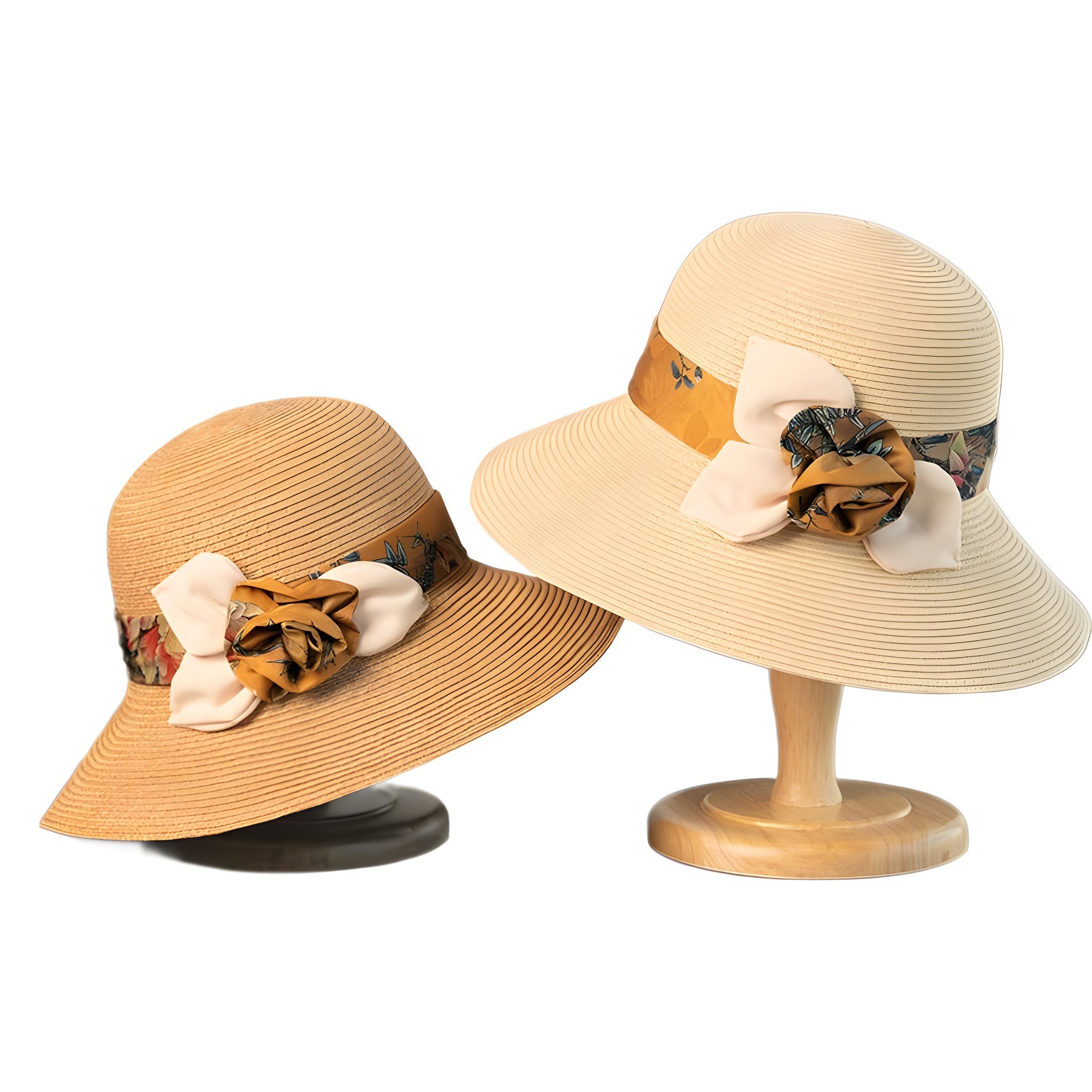 Floral Xiangyunsha Straw Hat For Women - Summer Wide Brim Sun Fisherman Hat, Foldable Beach Outdoor Luxury Style - Thumbnail 5