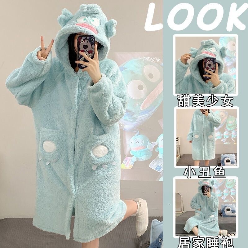 Special offer!! Clown Fish Pajamas Women's Autumn and Winter Thickened Coral Fleece Nightgown Cute Girl's Flannel Home Clothes