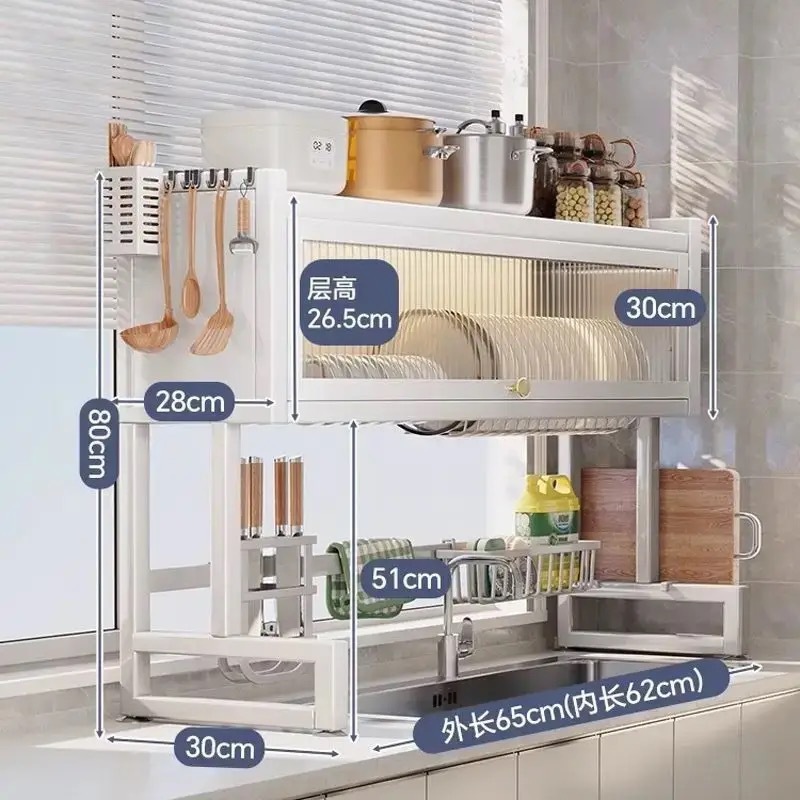 Cocina fregadero de drenaje rack doble capa lavavajillas encimera estante a prueba de polvo cubierta almacenamiento estante palillos tubo armario