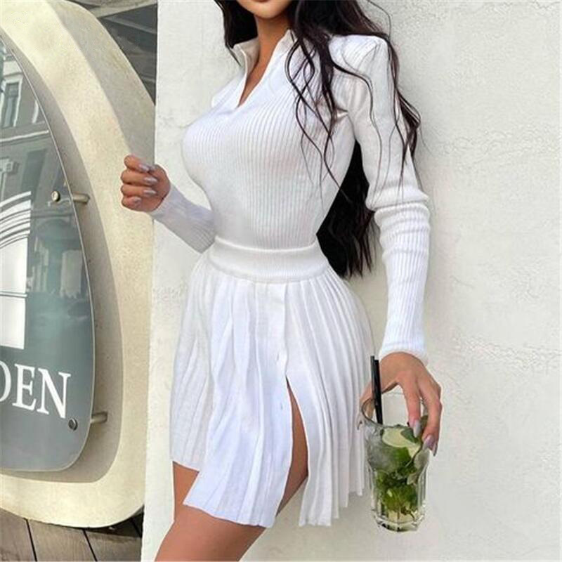 Knitted Solid Color Long-Sleeved Top Pleated Skirt 2 Piece Set NSHML85487