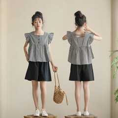 2024 Summer Girls' Japanese and Korean Black and White Grid Doll Shirt Top for Older Children with Fringe Sleeves, Cotton, Cross-Border High-Quality Factory