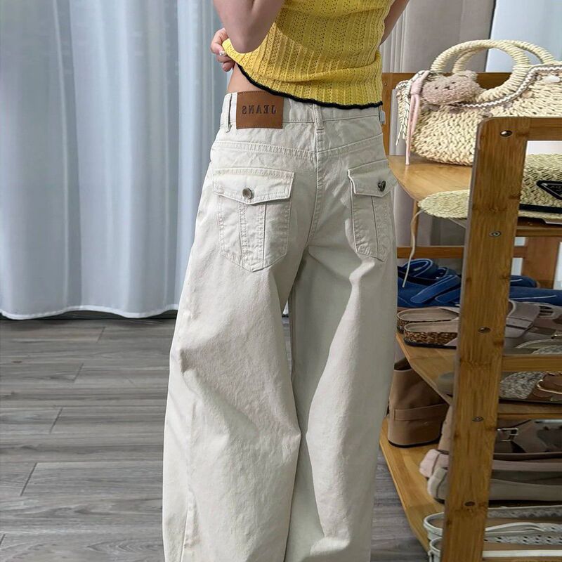 Light apricot leather patch design wide-leg jeans for women, new low-waist loose slimming straight-leg floor-length pants for petite figures Light apricot leather patch design wide-leg jeans for women, new low-waist loose slimming straight-leg floor-length pants for petite figures