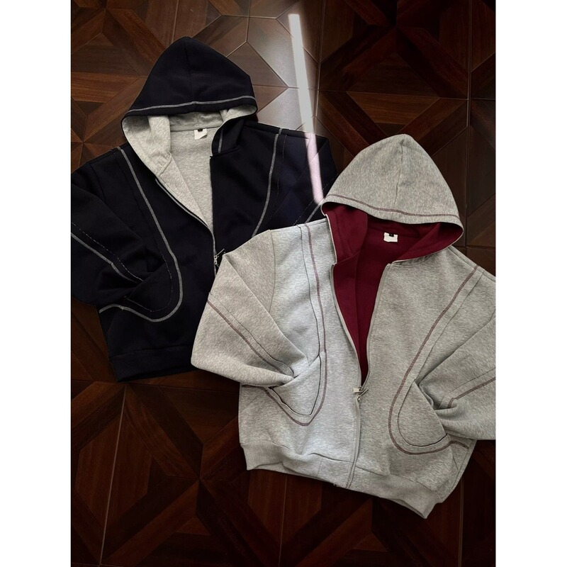 American Retro Hooded Topstitch Silhouette Air Layer Sweatshirt Jacket Men's Loose Design Casual Jacket Hoodie