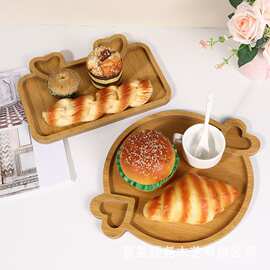 家用木质面包饮料托盘双爱心竹木儿童辅食餐盘餐厅实木上菜托盘