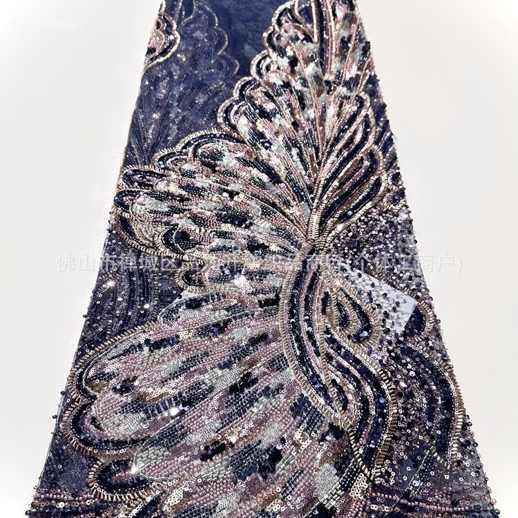 Plumas de anchoque unilaterales de malla de cuentas de clavos industriales pesadas bordadas a mano sequinilla tela de vestido de cola de pescado para la cena