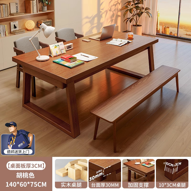 Escritorio de madera maciza para la sala de estar, escritorio largo grande, escritorio de oficina en el hogar, banco de trabajo largo, combinación de mesa y silla moderna de lujo ligero