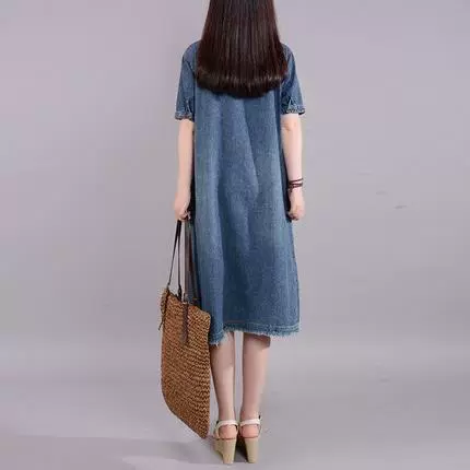 Летняя одежда, длинное джинсовое платье, 2023, корейский стиль, plus size, средней длины, с коротким рукавом.