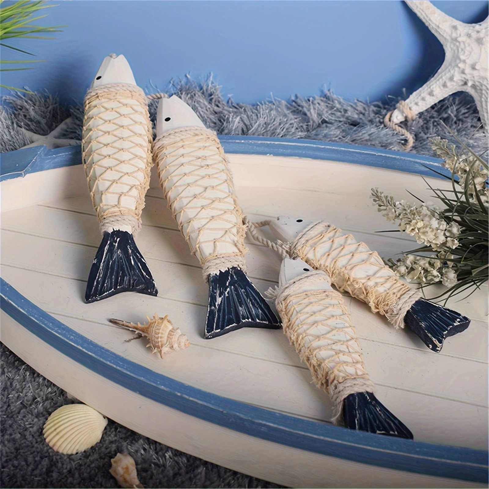 Estilo océano creativo hogareño bar KTV simulación de madera maciza pescado de madera tejido cadena de pescado pequeño colgante decoración artesanía