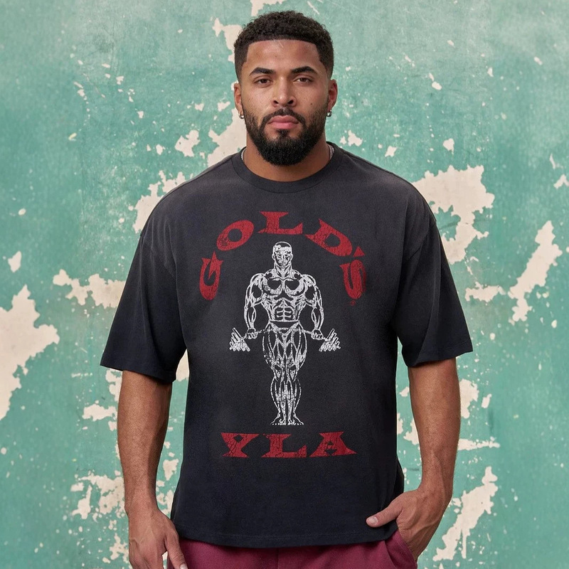Youngla Co-Branded Gold's New Men's Short-Sleeved Jogger Sports Fitness Cotton Large Size Loose Short T-Shirt