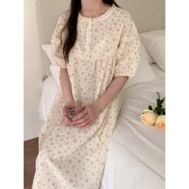 实拍2025INS夏季韩系田园甜美小碎花宽松睡裙连衣裙带发圈批发