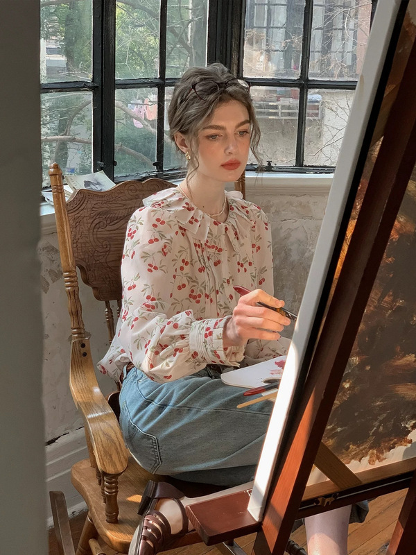 Dailyart法式慵懒拉夫领对丝压绉领工艺轻盈感灯笼袖衬衫上衣|undefined