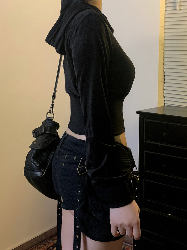 欧美甜美少女风烫钻元素丝绒外套修身显瘦纯色拉链连帽长袖上衣|undefined