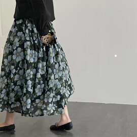 法式复古森系油画碎花半裙字伞裙女夏棉麻高腰显瘦中长款半身