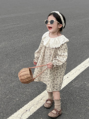 Korean Children's Clothing Girls Autumn and Winter Country Style Lace Ruffles Apricot Bottom Floral Puff Sleeve Princess Dress 