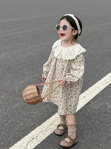 Korean Children's Clothing Girls Autumn and Winter Country Style Lace Ruffles Apricot Bottom Floral Puff Sleeve Princess Dress 