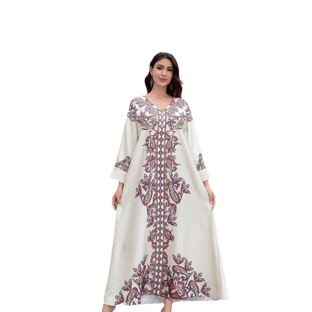 SW0826 Middle Eastern Cross-Border Muslim Women's Robe Elegant Printed Beaded Dress Dubai Foreign Trade Abaya_ecoleips.com