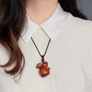 Cute Rabbit Pendant Necklace with Carved Rosewood, Zodiac Rabbit Year Sweater Chain for Autumn and Winter