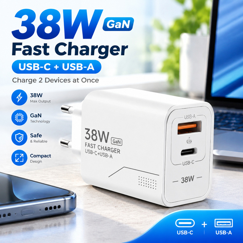 Cross-border new PD38W dual-port charger, USB + Type-C, multi-port fast charging, travel power adapter for European and American markets Cross-border new PD38W dual-port charger, USB + Type-C, multi-port fast charging, travel power adapter for European and American markets