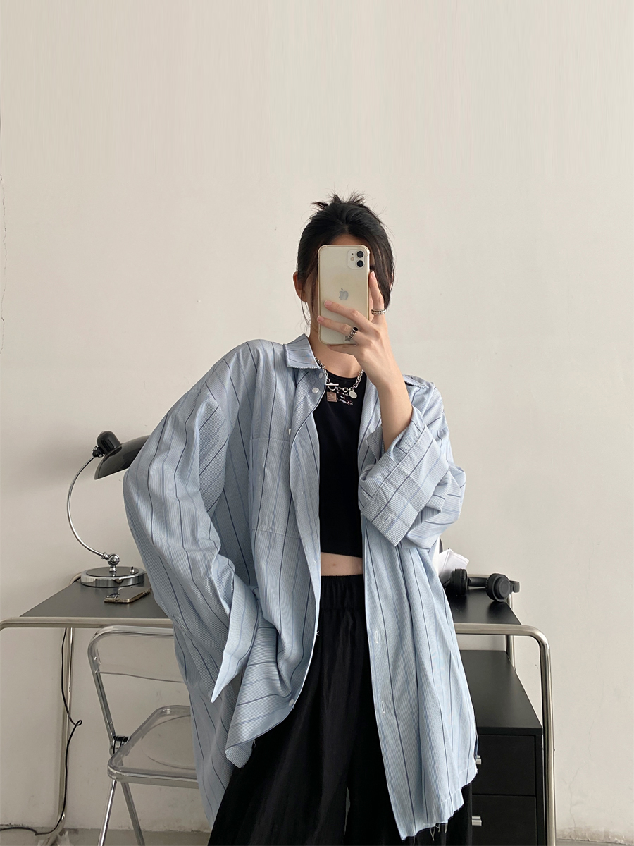 sun柚 夏季防晒衫毛边条纹长袖衬衫女宽松柔软防晒衬衣外套薄款